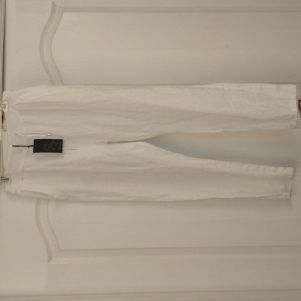 Bella Amore White Linen Pants Straight Leg Italy Pull On Large Luigi Moda